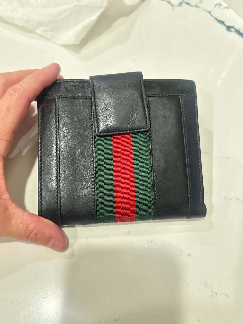 Gucci Vintage Black Leather Web Stripe French Purse Wallet with Studded Strap - Picture 4 of 11